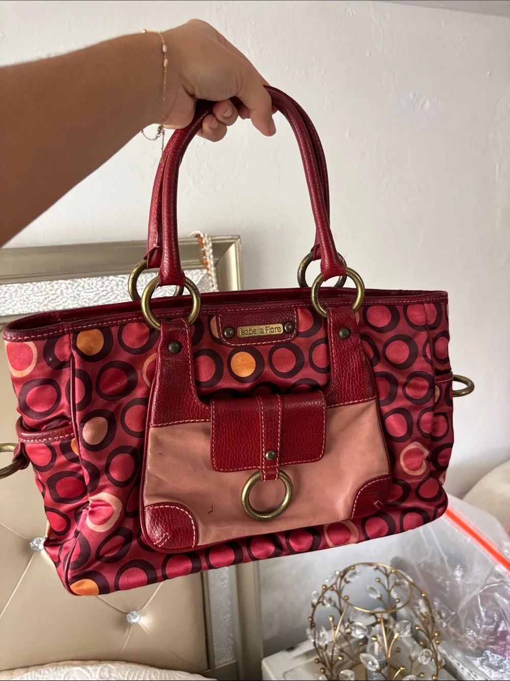 Isabella Fiore Red and Pink Circle-Print Tote with Ring Detail